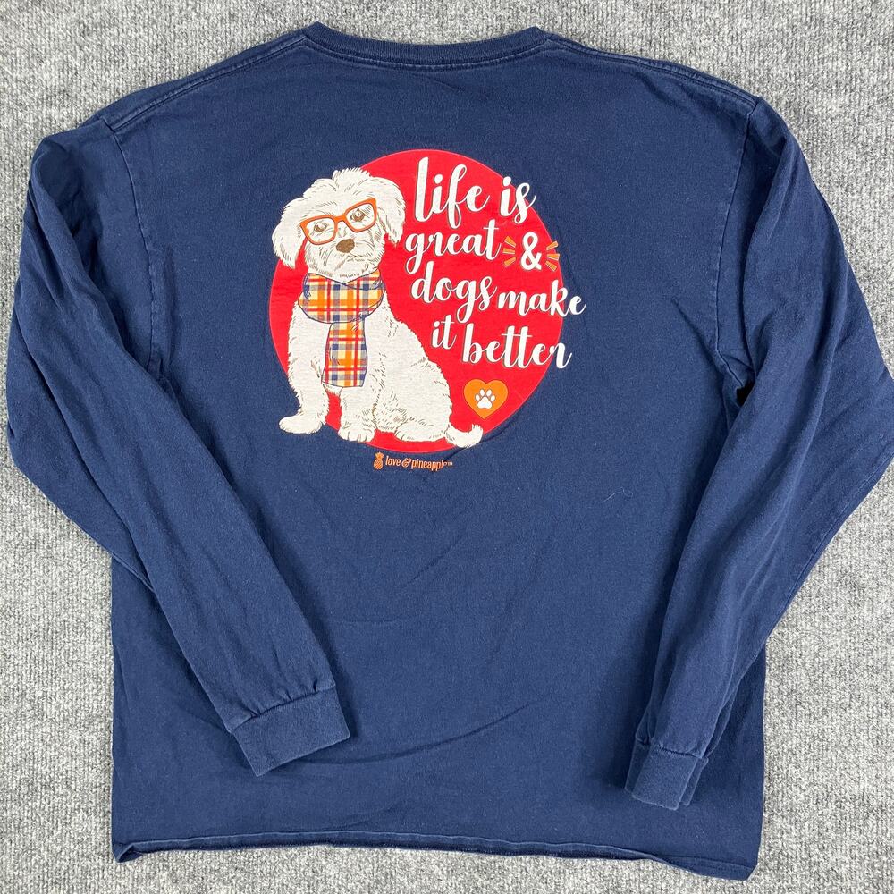 Love & Pineapples‎ Long Sleeve T-Shirt Womens Size L Navy Dog Graphic Casual